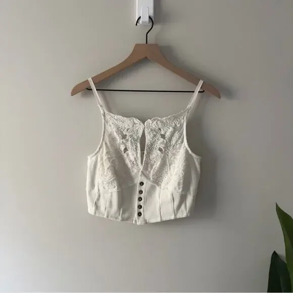 Free People Have My Heart Tank Corset Top Cropped White Lace Button-Up Crop NWT - Picture 3 of 16